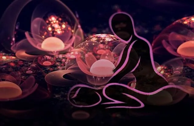 Illustrasjon av massasje i rosa silhuett med abstrakte blomster og mørk bakgrunn.